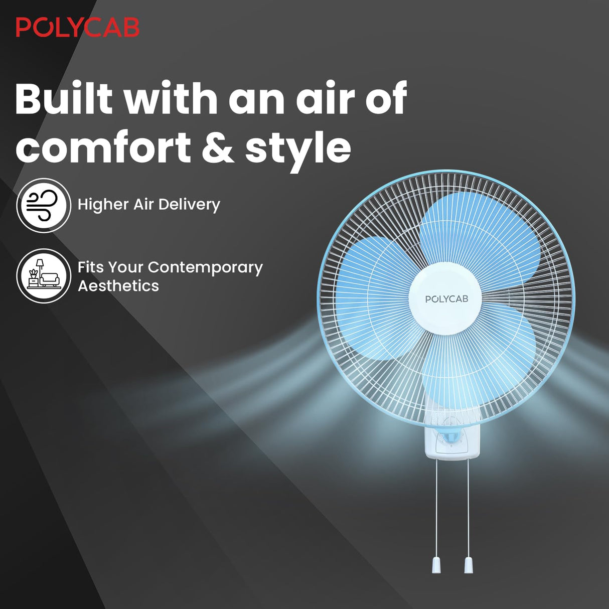 Wall-mounted fan with POLYCAB branding on a dark background