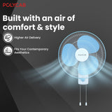 Wall-mounted fan with POLYCAB branding on a dark background