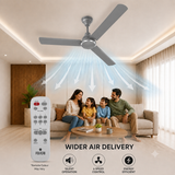 A ceiling fan with a matching remote control is shown in a modern living room above a family sitting on a sofa. Blue airflow arrows are illustrated coming from the fan, with text reading 'WIDER AIR DELIVERY' and feature icons below.