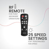 Black remote control with text on a gray background