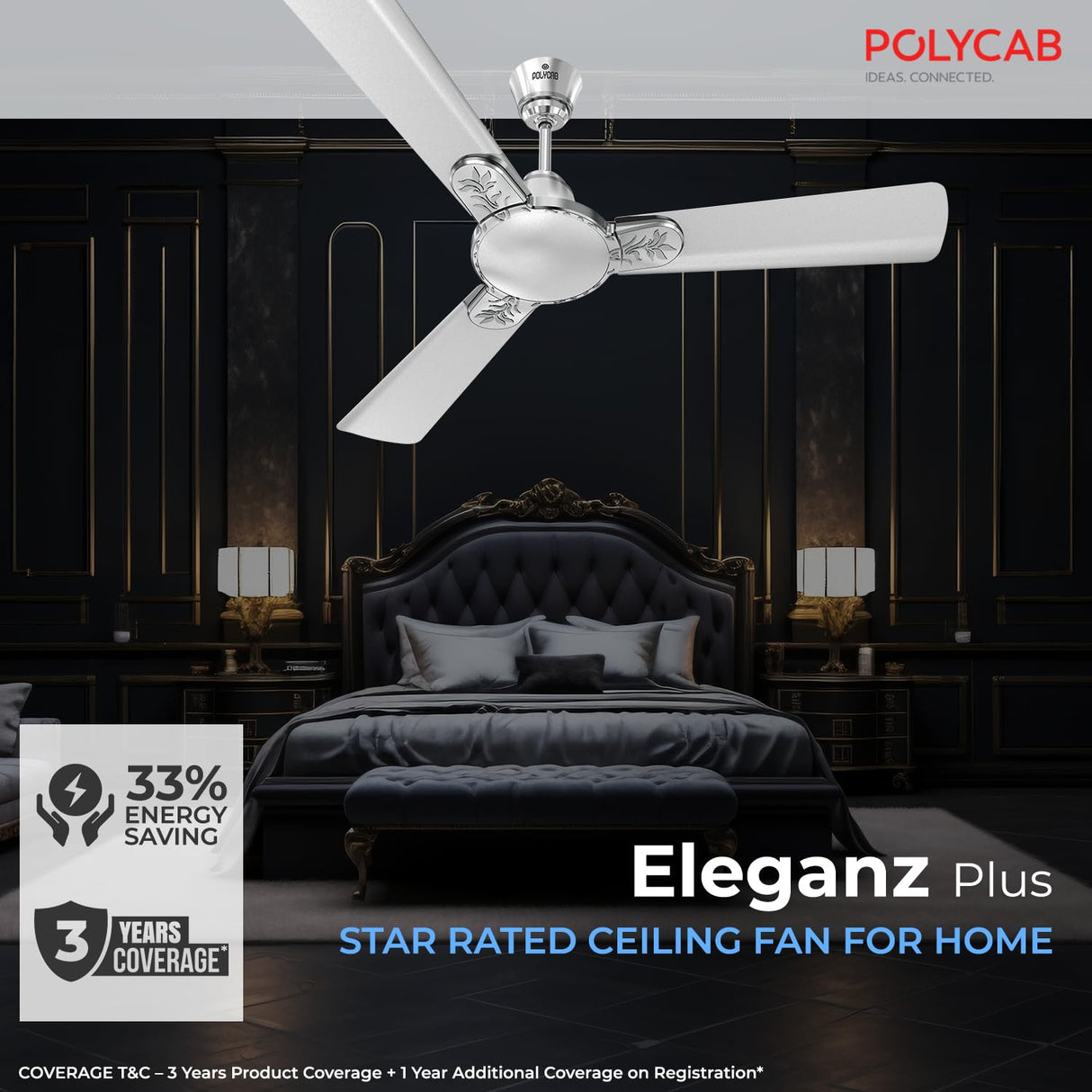 Polycab eleganz plus has 3 years warranty Coverage with ceiling fans.