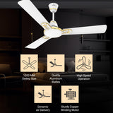 This ceiling fan has 1200mm sweep size with high quality aluminium blades and high speed operation with Dynamic air delivery with Sturdy Copper winding motor 
