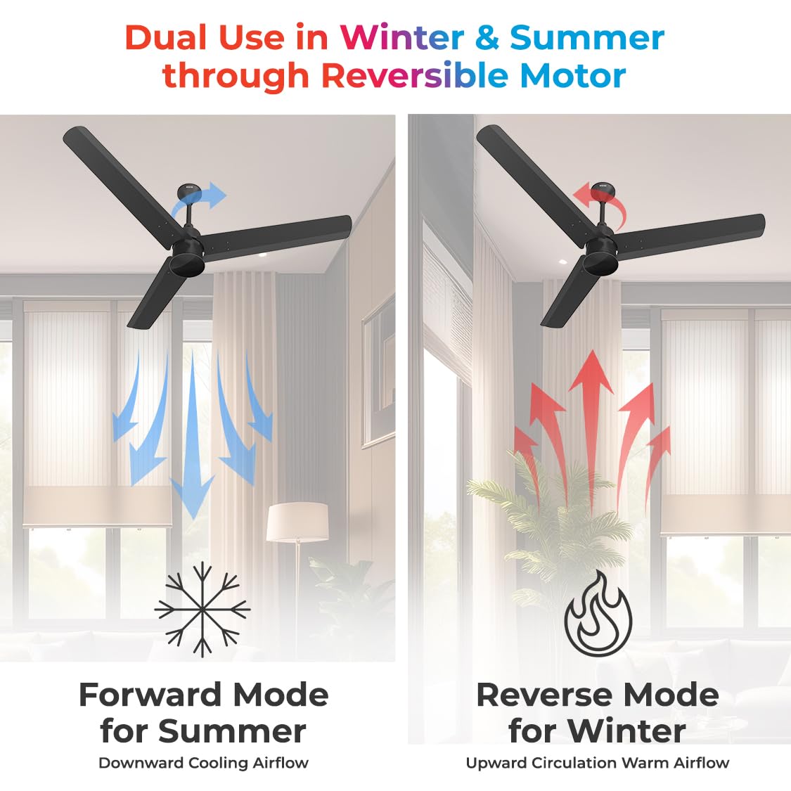 A Polycab Silencio Mini ceiling Fan Matt Black with Forward Mode for Summer and Reverse Mode for Winter 