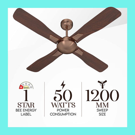This polycab Ceiling fan has 1 star rated bee energy label with 50 watts power consumption and sweep size 1200mm