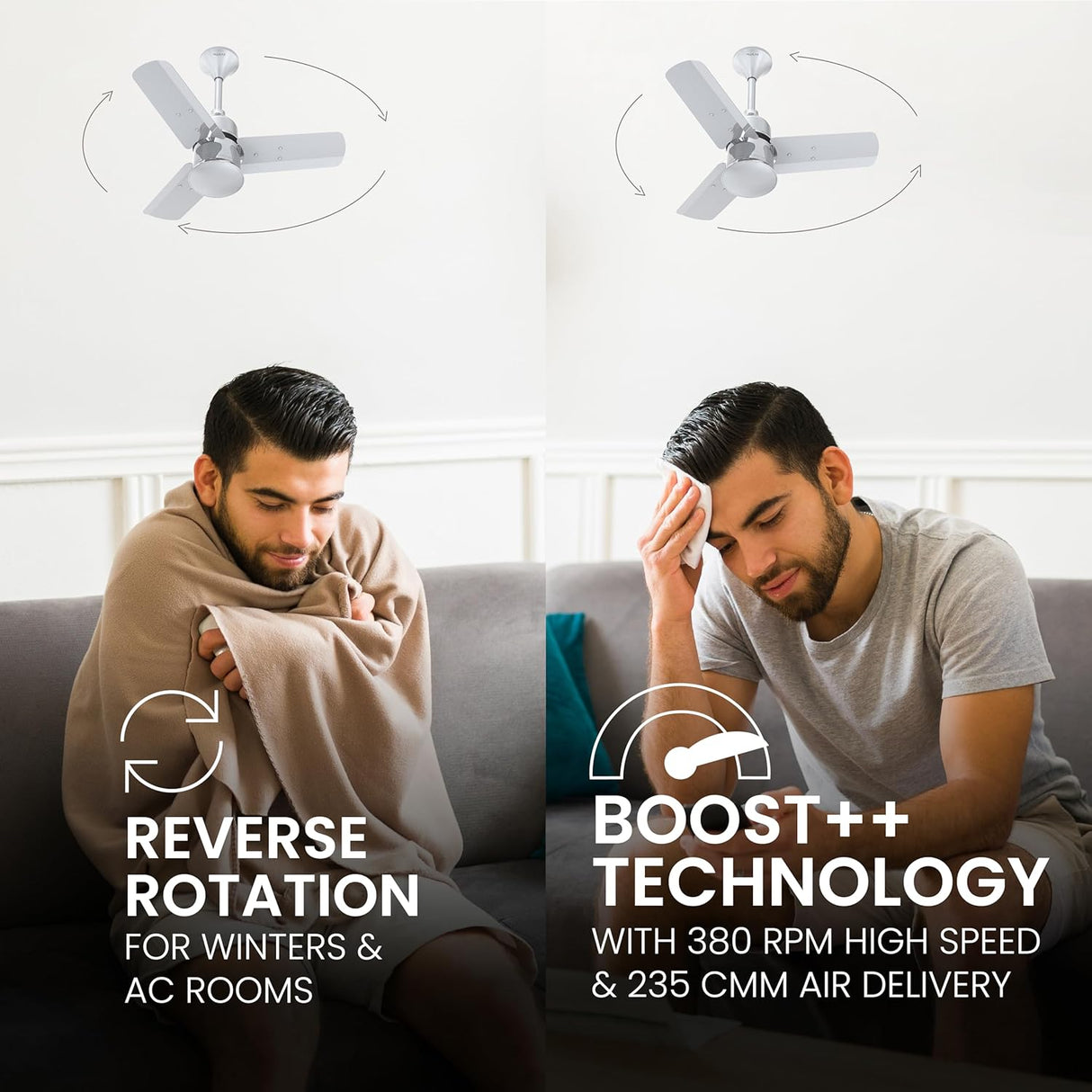 Two men on a couch with text about a ceiling fan's reverse rotation and boost technology features.