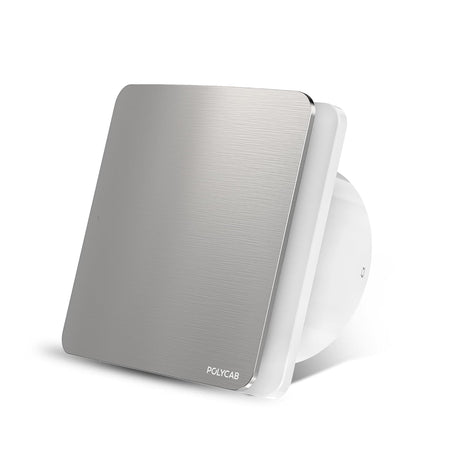 A Polycab 150mm air exhaust fan with a sleek design, featuring a steel finish and a white base.