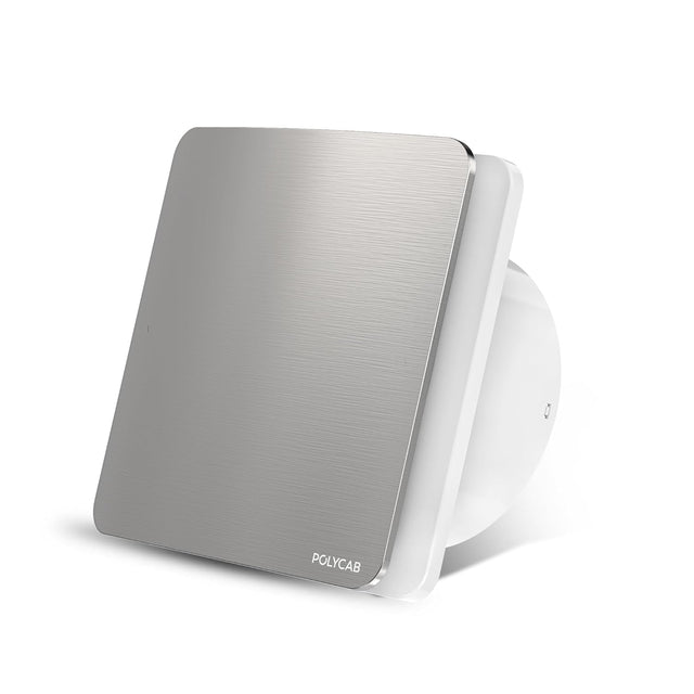 A Polycab 150mm air exhaust fan with a sleek design, featuring a steel finish and a white base.