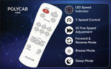 Polycab fan remote control with features listed on a dark blue background