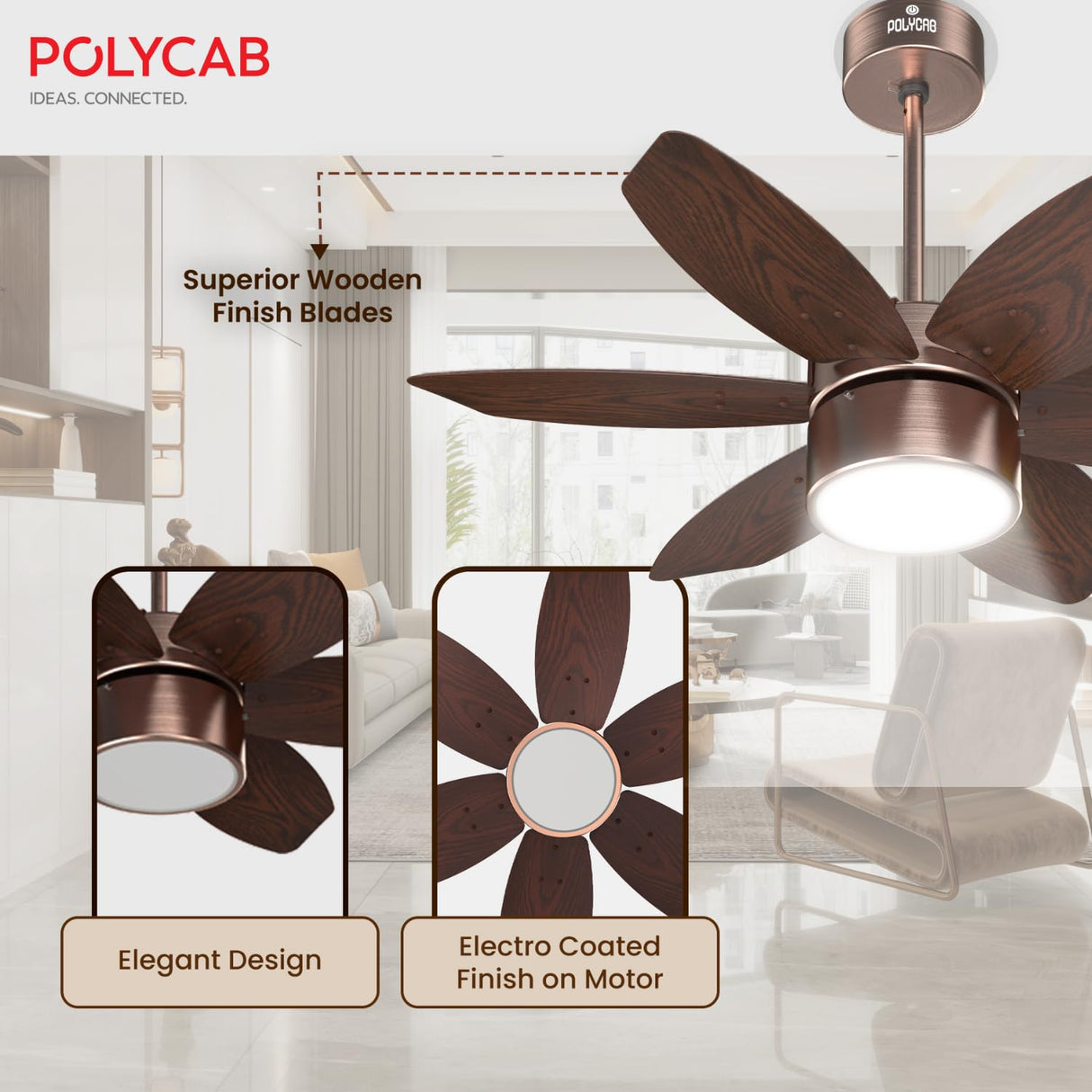 Ceiling fan with wooden blades and Polycab branding in a living room setting.