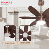 Ceiling fan with wooden blades and Polycab branding in a living room setting.