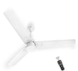 A Polycab Silencio Mini 1200mm BLDC ceiling fan in matt satin white with a remote control visible in the foreground.