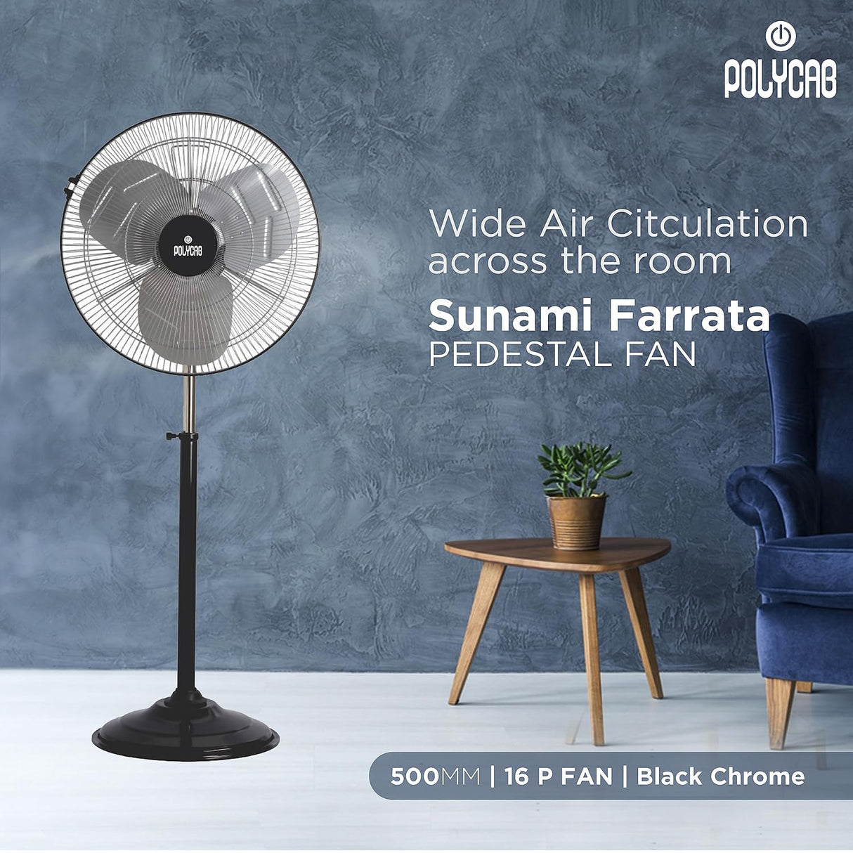 Sunami Farrata pedestal fan with Polycab branding in a room setting.