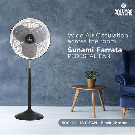 Sunami Farrata pedestal fan with Polycab branding in a room setting.