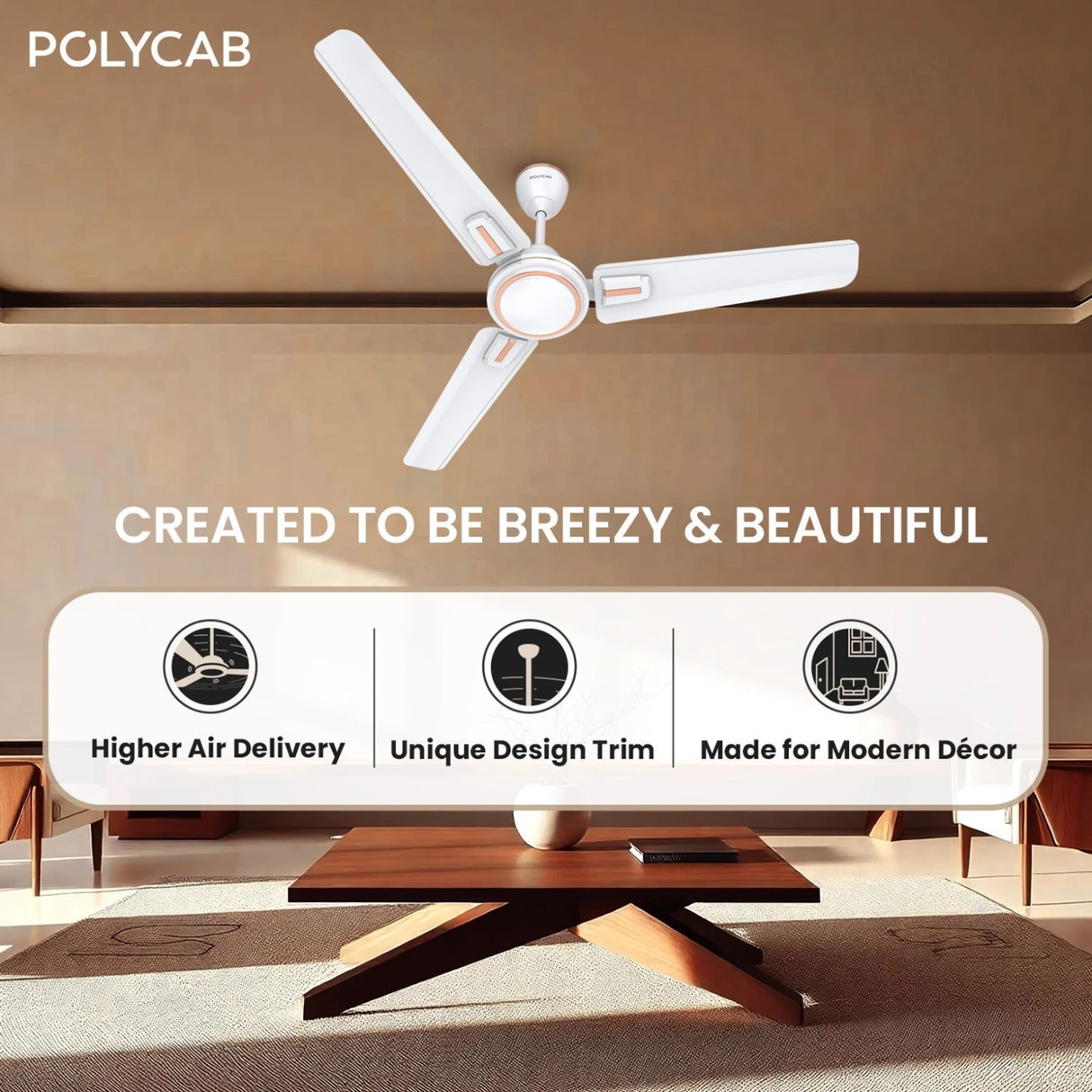Ceiling fan in a room with Polycab branding and product features highlighted.