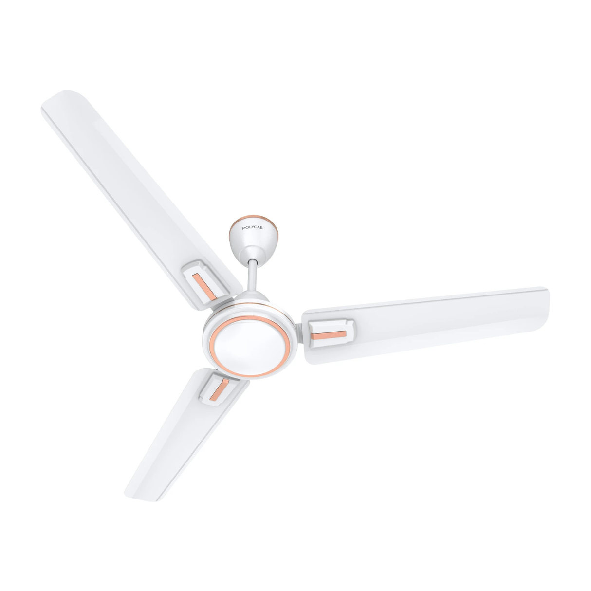 Ceiling fan with white and orange design on a white background