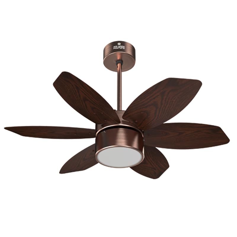 Ceiling fan with wooden blades and bronze finish on a white background