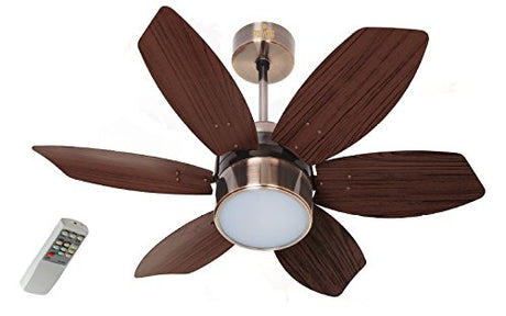 A brown Polycab Superia Lite SP03 ceiling fan with LED downlight, featuring four blades and a central light, accompanied by a remote control.