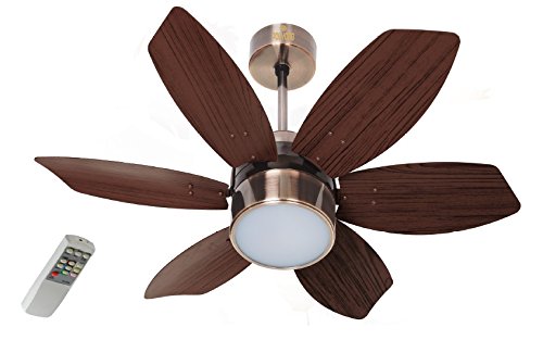 A brown Polycab Superia Lite SP03 ceiling fan with LED downlight, featuring four blades and a central light, accompanied by a remote control.