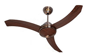A brown ceiling fan with a modern design, featuring a central motor unit with four blades attached to it.