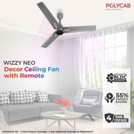 Decor Ceiling Fan with Remote in a living room setting, featuring Polycab branding.