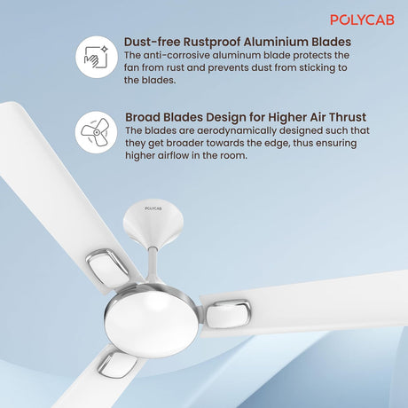 Ceiling fan with text on rustproof aluminum blades and broad blade design on a light blue background.