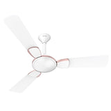 Ceiling fan with white blades and a central hub on a white background