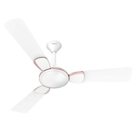 Ceiling fan with white blades and a central hub on a white background