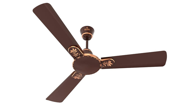 A Polycab Eleganz Plus 1200mm ceiling fan in espresso brown color, featuring three aluminum blades with a central ornate structure and a polished metal finish.