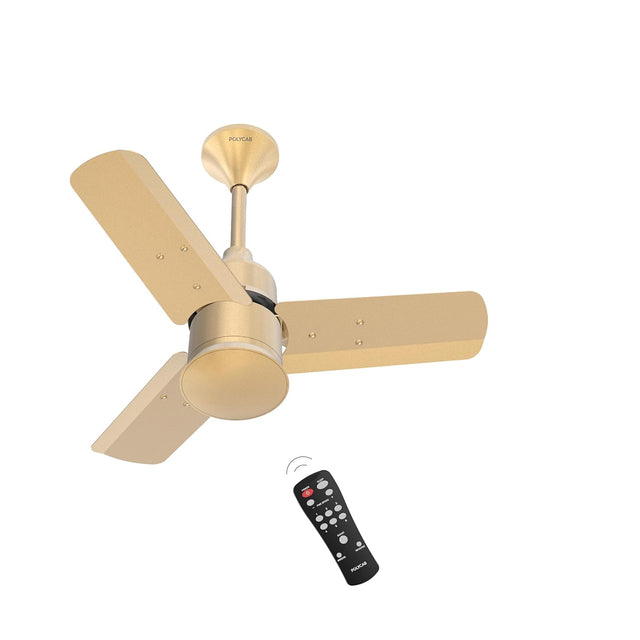 Gold ceiling fan with remote control on a white background