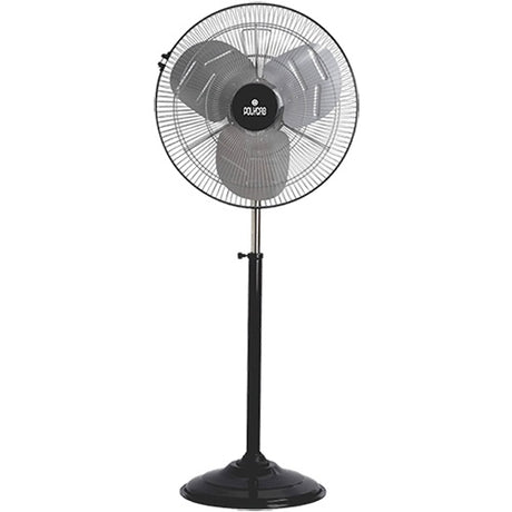 A black chrome Polycab pedestal fan with aerodynamic blades, heavy duty motor, and a sturdy base.