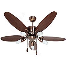 A 1200 mm ceiling fan with three rosewood blades and an antique copper finish, featuring a central motor unit with LED light and multiple chain drives.
