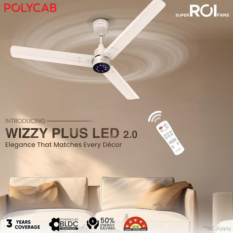 Ceiling fan with remote control in a living room setting, featuring Polycab branding.