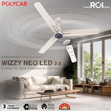 Ceiling fan with remote control in a modern living room setting, featuring POLYCAB branding.