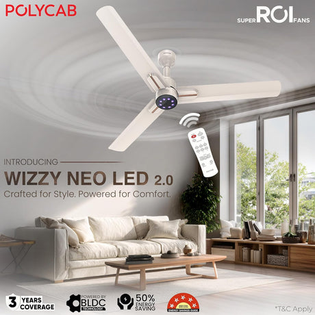 Ceiling fan with remote control in a modern living room setting, featuring POLYCAB branding.