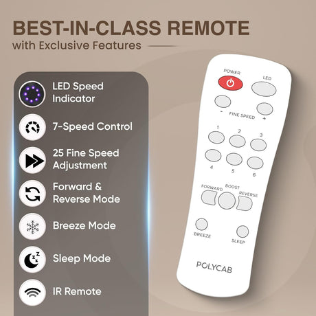 Remote control with features listed on a beige background