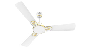 A Polycab Eleganz Plus 1200mm ceiling fan with three blades, in pearl white color with gold accents on the center and blade edges.