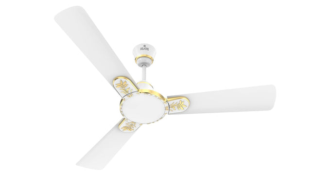 A Polycab Eleganz Plus 1200mm ceiling fan with three blades, in pearl white color with gold accents on the center and blade edges.