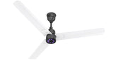 Ceiling fan with white blades and black light fixture on a white background