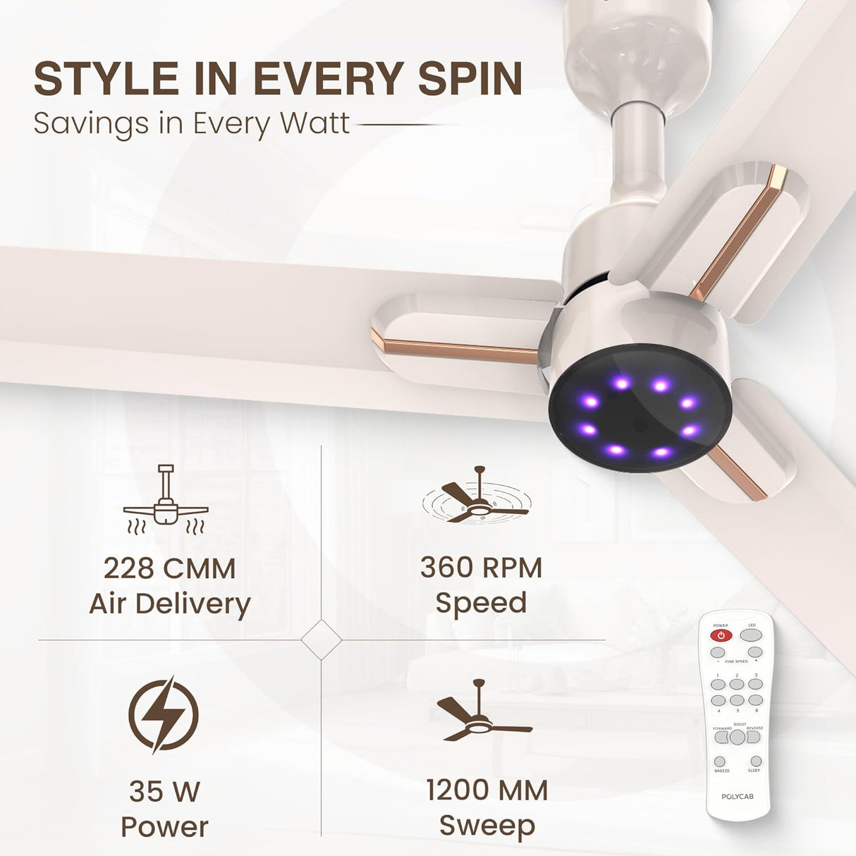 Ceiling fan with remote control and specifications on a white background