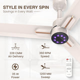 Ceiling fan with remote control and specifications on a white background