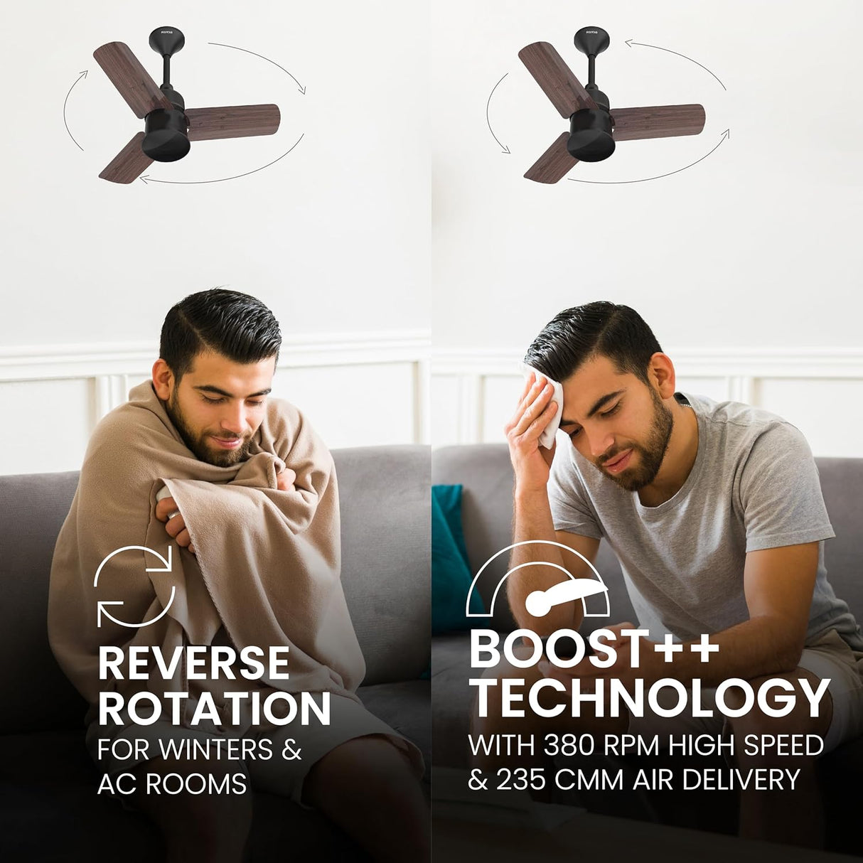 Two men sitting on a couch, one wrapped in a blanket and the other with a fan above them, with text about reverse rotation and boost technology.