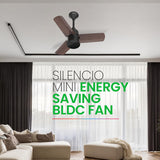 Ceiling fan in a modern living room with text about energy-saving BLDC fan