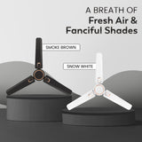 Two fans, one black and one white, on a gray background with text about color options.