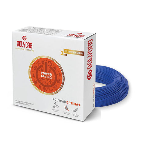 Polycab Optima+ cable packaging with blue cable on a white background