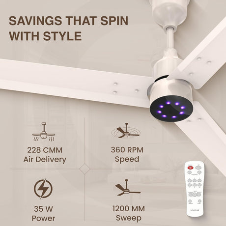 Ceiling fan with remote control and specifications on a beige background