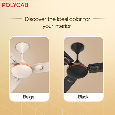 Two ceiling fans in beige and black with Polycab branding on a beige background.