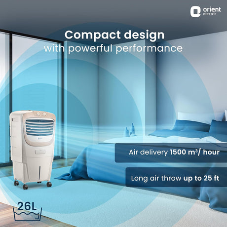 This cooler has a compact design with powerful performance which delivers air 1500m3/hour and long air throw upto 25ft 