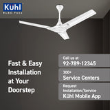 Kühl ceiling fan with installation information on a dark background