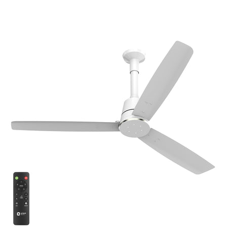 White ceiling fan with remote control on a white background