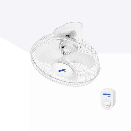 White oscillating table fan with Luminous branding on a white background